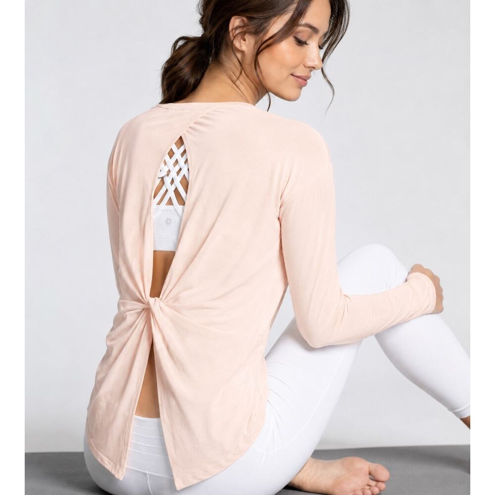 Athleta Essence Twist Long Sleeve Open Back Yoga Top Pink Shell Size Medium